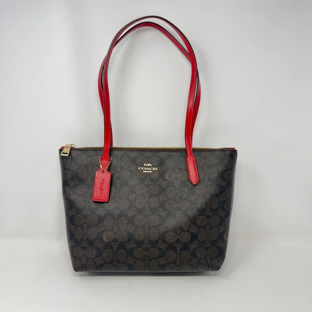 Coach Zip Top Tote Signature Canvas Brown Red CX611 Shoulder Bag